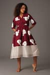 Shop_KHAT_Maroon Poplin Printed Flower Lapel Collar Dress _Online_at_Aza_Fashions