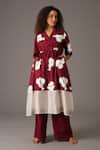 Buy_KHAT_Maroon Poplin Printed Flower Lapel Collar Anarkali And Pant Set _at_Aza_Fashions