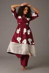 Shop_KHAT_Maroon Poplin Printed Flower Lapel Collar Anarkali And Pant Set _at_Aza_Fashions