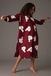 Buy_KHAT_Maroon Poplin Cotton Printed Garden Collar Grace Dress _Online_at_Aza_Fashions