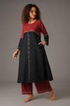 Buy_KHAT_Red Cotton Embroidery Stitchline Thread Round Colorblock Placement Dress _at_Aza_Fashions