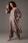 KHAT_Grey Chanderi Silk Embroidery Stitchline Thread Round Placement Kurta Pant Set _Online_at_Aza_Fashions