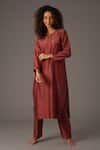 KHAT_Maroon Chanderi Silk Embroidery Thread Round Floral Yoke Kurta And Pant Set _Online_at_Aza_Fashions