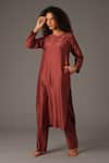 Buy_KHAT_Maroon Chanderi Silk Embroidery Thread Round Floral Yoke Kurta Pant Set _Online_at_Aza_Fashions