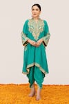 Buy_Daljit Sudan_Blue Crepe Embroidered Aari Tilla Mandarin Collar Kurta With Draped Pant _at_Aza_Fashions