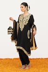 Daljit Sudan_Black Crepe Embroidered Aari Tilla Notched Floral Kurta Pant Set _Online_at_Aza_Fashions