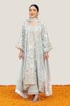 Buy_Daljit Sudan_Blue Crepe Embroidered Aari Tilla Notched Floral Jaal Kurta Pant Set _at_Aza_Fashions