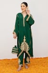 Buy_Daljit Sudan_Green Crepe Embroidered Aari Tilla Mandarin Collar Mandala Kurta Pant Set _at_Aza_Fashions