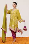 Buy_Daljit Sudan_Green German Satin Embroidered Aari Tilla V-neck Floral Kurta Pant Set _Online_at_Aza_Fashions