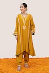 Buy_Daljit Sudan_Yellow Crepe Embroidered Pop Tilla Mandarin Collar Floral Jaali Kurta With Pant _at_Aza_Fashions