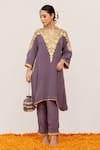 Buy_Daljit Sudan_Purple Crepe Embroidered Aari Tilla Mandarin Collar Floral Jaal Kurta Pant Set _at_Aza_Fashions