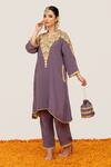 Daljit Sudan_Purple Crepe Embroidered Aari Tilla Mandarin Collar Floral Jaal Kurta Pant Set _Online_at_Aza_Fashions