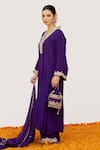 Daljit Sudan_Purple Crepe Embroidered Pop Tilla V-neck Paisley Vine Kurta Pant Set _Online_at_Aza_Fashions