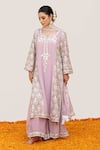 Buy_Daljit Sudan_Pink Crepe Embroidered Aari Tilla Notched Paisley Vine Kurta Flared Pant Set _at_Aza_Fashions