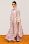 Shop_Daljit Sudan_Pink Crepe Embroidered Aari Tilla Notched Paisley Vine Kurta Flared Pant Set _Online_at_Aza_Fashions