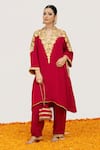 Buy_Daljit Sudan_Red Crepe Embroidered Aari Tilla Mandarin Collar Jaal Kurta Pant Set _at_Aza_Fashions