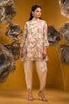 Buy_SONIA BADERIA_Beige Satin Print Floral Band Collar A-line Kurta With Dhoti Pant _at_Aza_Fashions