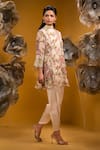 SONIA BADERIA_Beige Satin Print Floral Band Collar A-line Kurta With Dhoti Pant _Online_at_Aza_Fashions