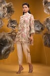 Buy_SONIA BADERIA_Beige Satin Print Floral Band Collar A-line Kurta With Dhoti Pant _Online_at_Aza_Fashions