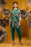 Buy_SONIA BADERIA_Green Satin Print Floral Band Collar A-line Tie Up Kurta With Dhoti Pant _at_Aza_Fashions