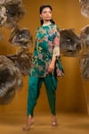 Shop_SONIA BADERIA_Green Satin Print Floral Band Collar A-line Tie Up Kurta With Dhoti Pant _at_Aza_Fashions