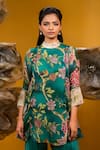 SONIA BADERIA_Green Satin Print Floral Band Collar A-line Tie Up Kurta With Dhoti Pant _Online_at_Aza_Fashions