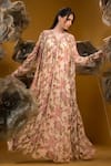 Buy_SONIA BADERIA_Beige Chiffon Print Floral V-neck Flared Long Dress _Online_at_Aza_Fashions