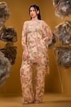 Buy_SONIA BADERIA_Beige Chiffon Print Floral Round Asymmetric Kaftan With Pant _at_Aza_Fashions