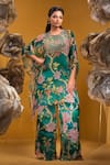 Buy_SONIA BADERIA_Green Chiffon Print Floral Round Embroidered Asymmetric Kaftan With Pant _at_Aza_Fashions