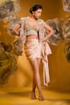 Buy_SONIA BADERIA_Beige Satin Print Floral Bustier Embroidered Crop Blazer And Draped Skirt Set _at_Aza_Fashions