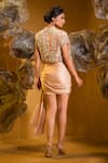 Shop_SONIA BADERIA_Beige Satin Print Floral Bustier Embroidered Crop Blazer And Draped Skirt Set _at_Aza_Fashions