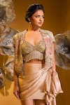 Buy_SONIA BADERIA_Beige Satin Print Floral Bustier Embroidered Crop Blazer And Draped Skirt Set _Online_at_Aza_Fashions