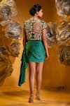 Shop_SONIA BADERIA_Green Satin Print Floral Beads Embroidered Crop Blazer And Draped Skirt Set _at_Aza_Fashions