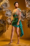 SONIA BADERIA_Green Satin Print Floral Beads Embroidered Crop Blazer And Draped Skirt Set _Online_at_Aza_Fashions