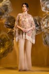 Buy_SONIA BADERIA_Beige Chiffon Print Floral Cape Round Embroidered Asymmetric With Flared Pant _at_Aza_Fashions