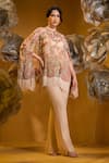 SONIA BADERIA_Beige Chiffon Print Floral Cape Round Embroidered Asymmetric With Flared Pant _Online_at_Aza_Fashions