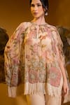 Shop_SONIA BADERIA_Beige Chiffon Print Floral Cape Round Embroidered Asymmetric With Flared Pant _Online_at_Aza_Fashions