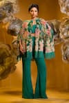 Buy_SONIA BADERIA_Green Chiffon Print Floral Cape Embroidered Asymmetrical With Flared Pant _at_Aza_Fashions