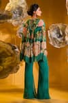 Shop_SONIA BADERIA_Green Chiffon Print Floral Cape Embroidered Asymmetrical With Flared Pant _at_Aza_Fashions