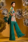 SONIA BADERIA_Green Chiffon Print Floral Cape Embroidered Asymmetrical With Flared Pant _Online_at_Aza_Fashions