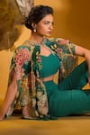 Shop_SONIA BADERIA_Green Chiffon Print Floral Cape Embroidered Asymmetrical With Flared Pant _Online_at_Aza_Fashions