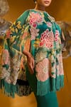 SONIA BADERIA_Green Chiffon Print Floral Cape Embroidered Asymmetrical With Flared Pant _at_Aza_Fashions