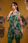 SONIA BADERIA_Green Chiffon Print Floral Notched Embroidered A-line Kurta With Pant _Online_at_Aza_Fashions