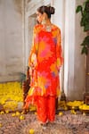 Shop_Anu Pellakuru_Orange Tunic Chiffon Printed Zari V Neck Ruffled Embroidered Pant Set _at_Aza_Fashions