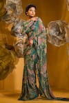 SONIA BADERIA_Green Chiffon Printed Flower Round Saree With Blouse _Online_at_Aza_Fashions