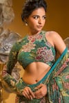 Shop_SONIA BADERIA_Green Chiffon Printed Flower Round Saree With Blouse _Online_at_Aza_Fashions