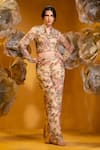 Buy_SONIA BADERIA_Beige Chiffon Printed Floral High Neck Cropped Jacket And Flared Pant Set _at_Aza_Fashions