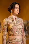 SONIA BADERIA_Beige Chiffon Printed Floral High Neck Cropped Jacket And Flared Pant Set _at_Aza_Fashions