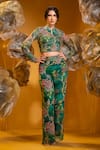 SONIA BADERIA_Green Chiffon Printed Floral High Tropical Cropped Jacket And Flared Pant Set _Online_at_Aza_Fashions