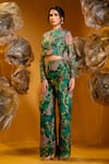 Shop_SONIA BADERIA_Green Chiffon Printed Floral High Tropical Cropped Jacket And Flared Pant Set _Online_at_Aza_Fashions